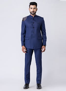 Light Navy Blue Polyester Bandhgala Suits