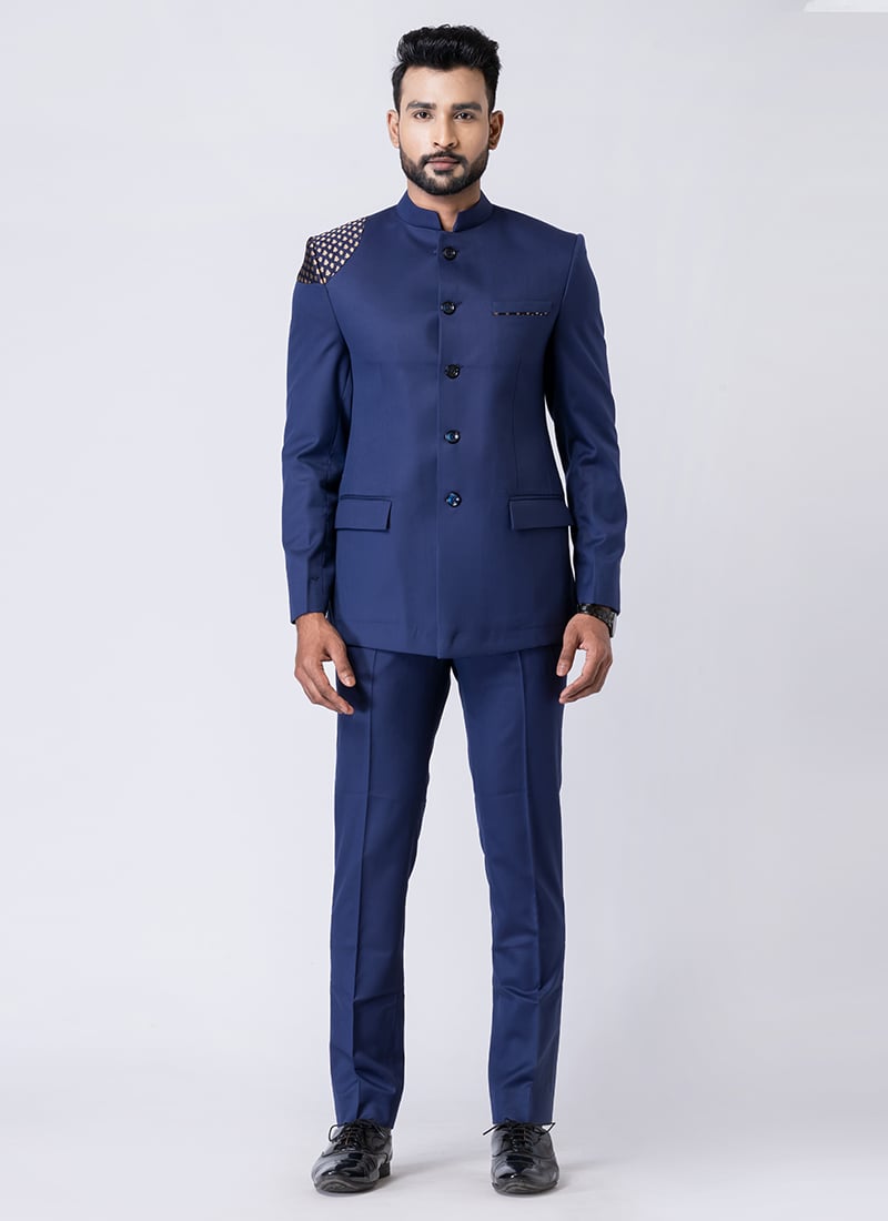 Light Navy Blue Polyester Bandhgala Suits