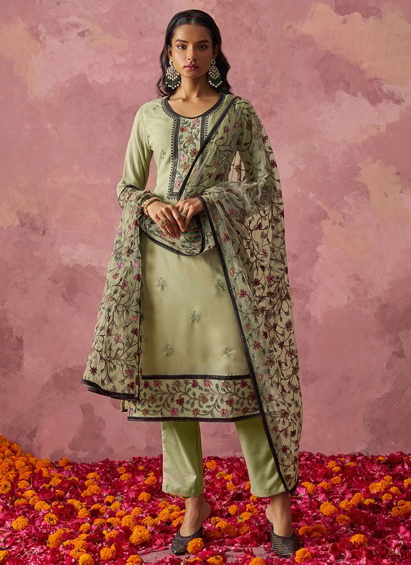 Light Olive Green Georgette Embroidered Sequins Straight Pant Suit