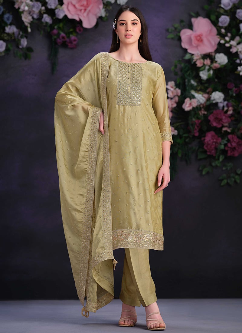 Light Olive Green Organza Straight Pant Suit With Embroidered And Sequins Festive Wear
