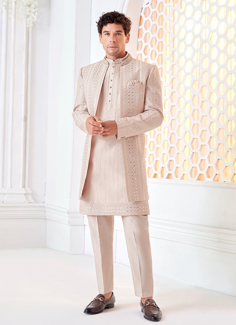 Light Onion Pink Silk Thread Foil Mirror Indowestern Sherwani Wedding Wear