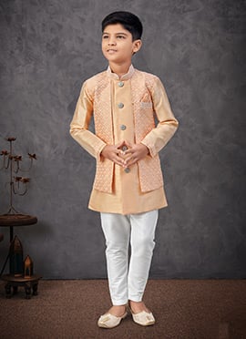 Light Orange Banarasi Silk Embroidered Sequins Boys Indowestern Sherwani