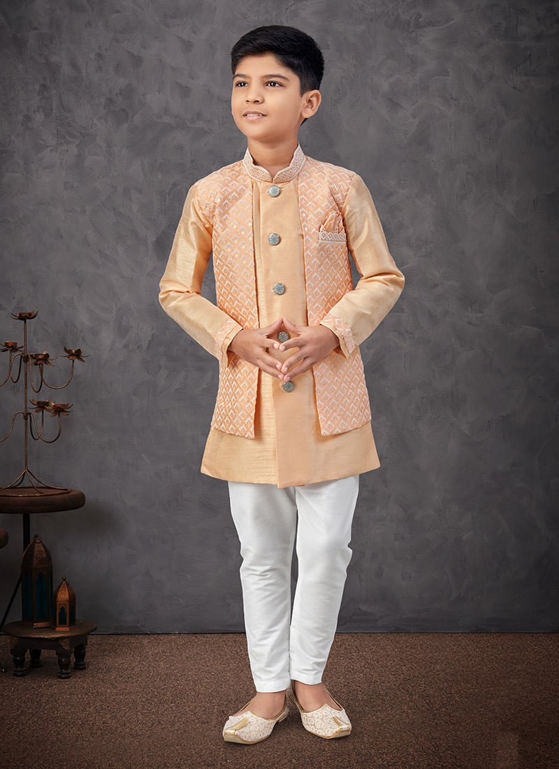 Light Orange Banarasi Silk Embroidered Sequins Boys Indowestern Sherwani Wedding Wear