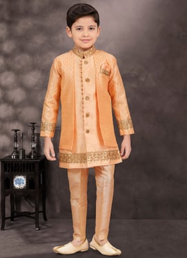 Light Orange Banarasi Silk Thread Sequins Kids Boys Indowestern Sherwani