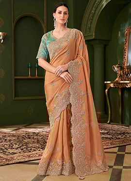 Light Orange Georgette Zari Embroidered Sequins Saree