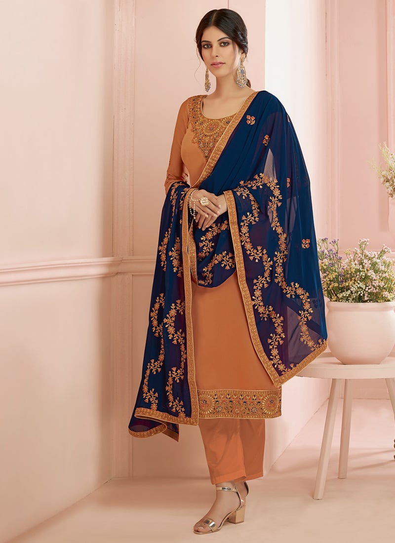 Light Orange Satin Georgette Embroidered Straight Pant Suit After Six Wear