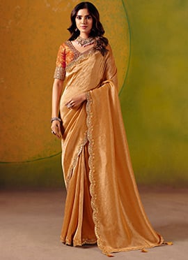 Light Orange Smooth Zari Silk Embroidered Sequins With Stone Work Saree