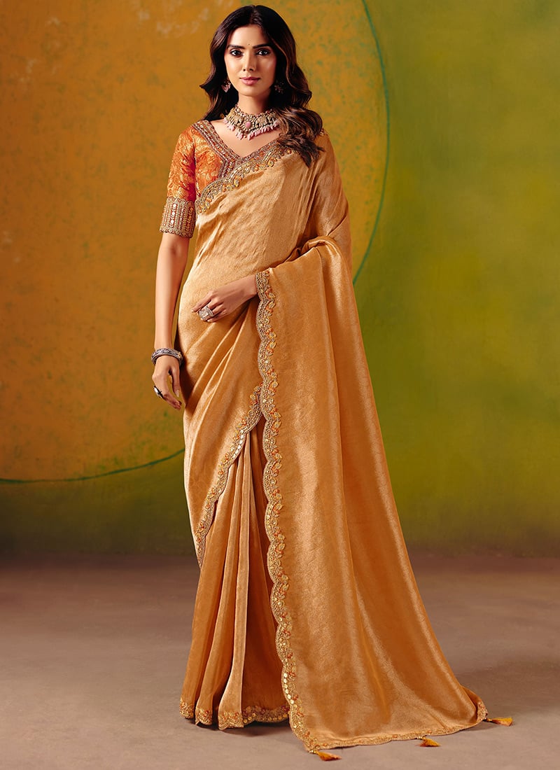 Light Orange Smooth Zari Silk Embroidered Sequins With Stone Work Saree Wedding Wear