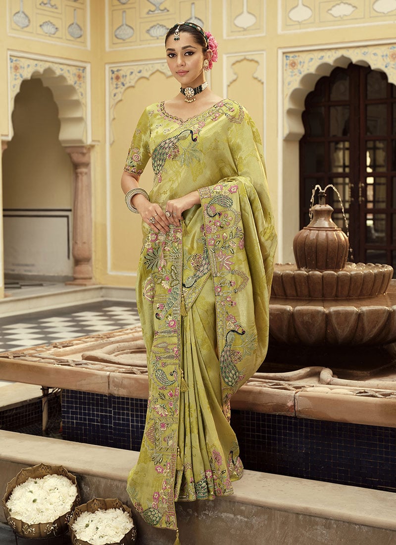 Light Parrot Green Viscose Jacquard Silk Zari And Sequins Embroidered Saree Festive Wear