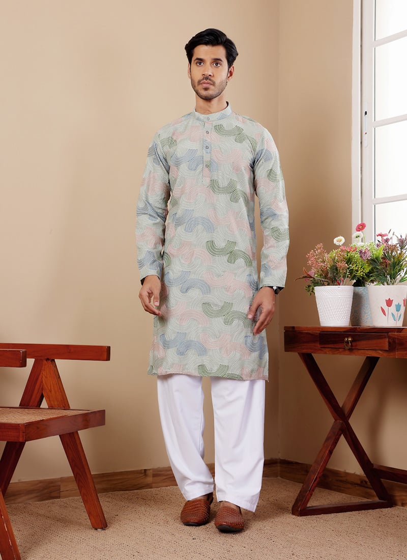 Light Pastel Green Linen Embroidered Kurta