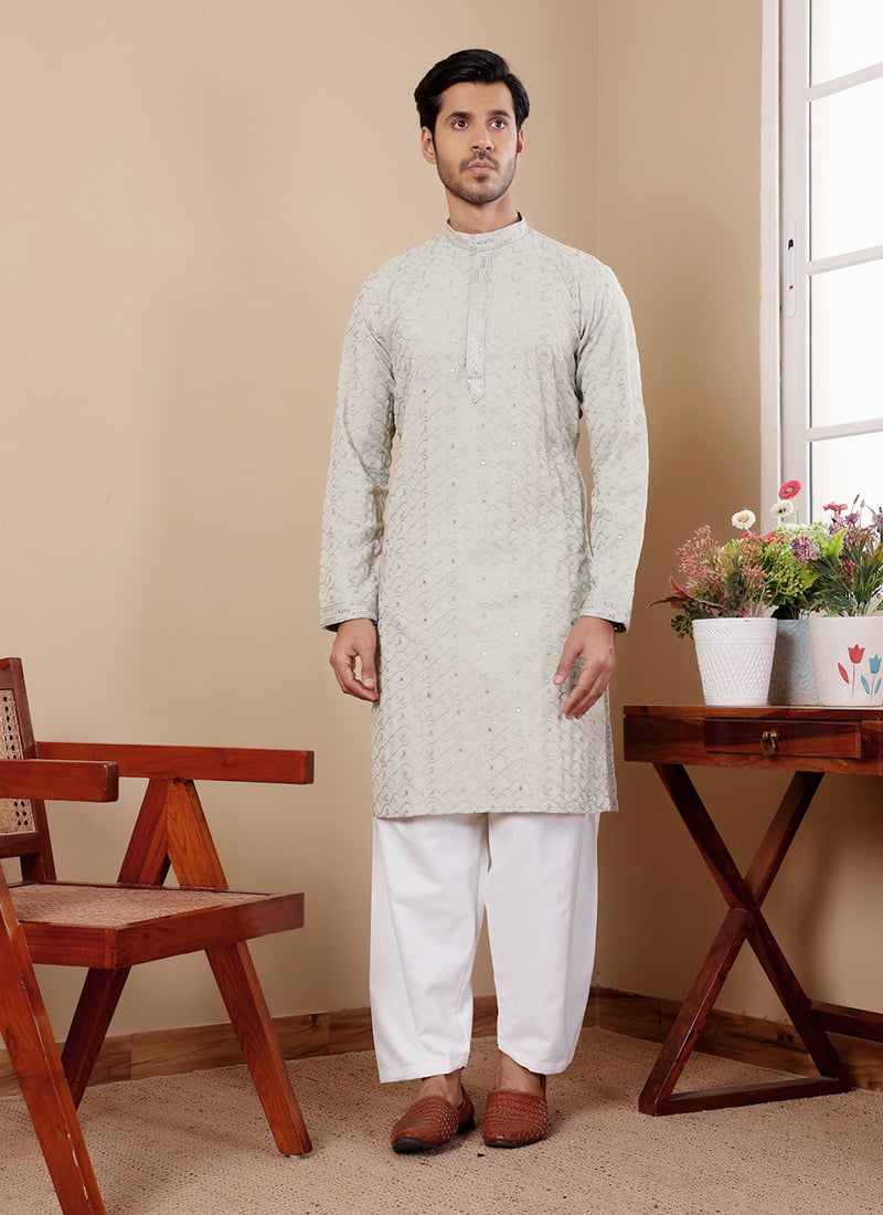 Light Pastel Green Linen Embroidered Kurta
