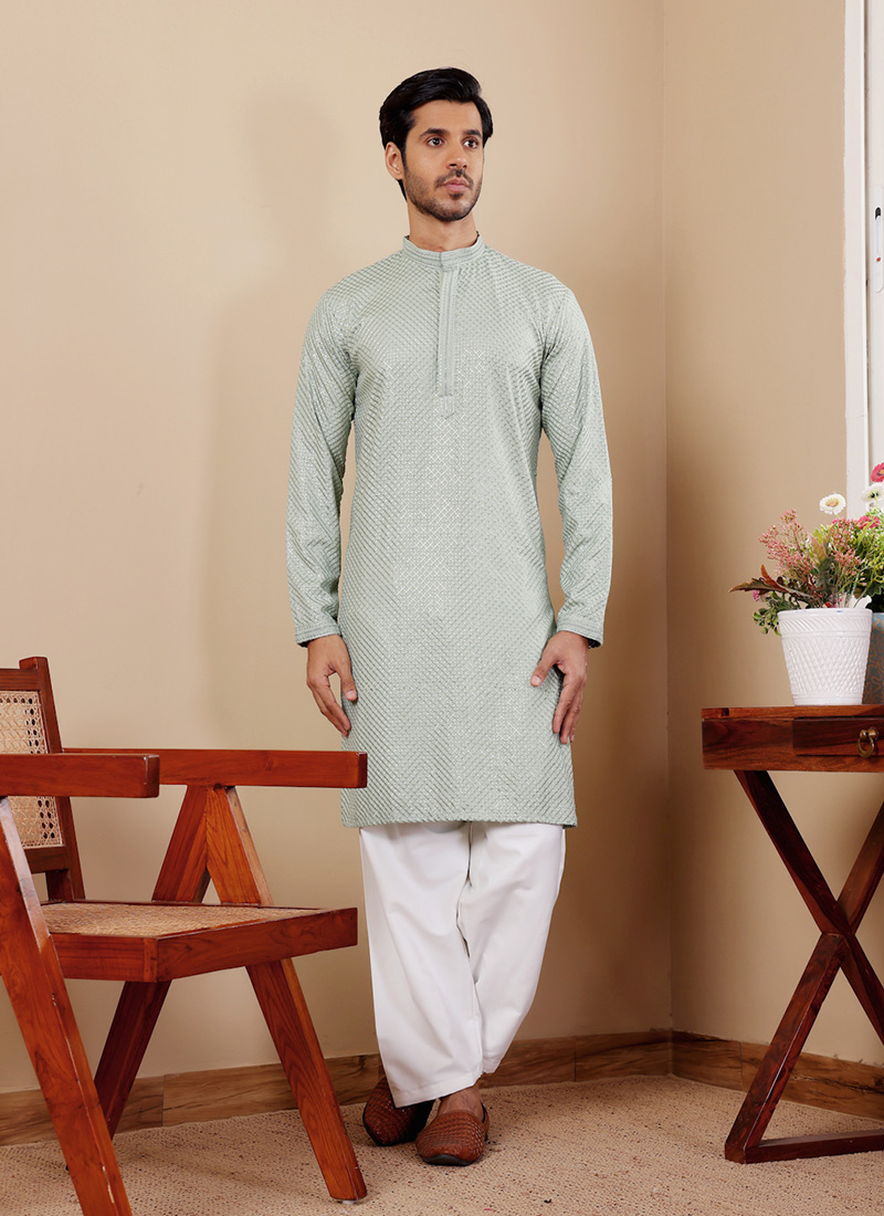 Light Pastel Green Viscose Embroidered Chikankari Work Kurta