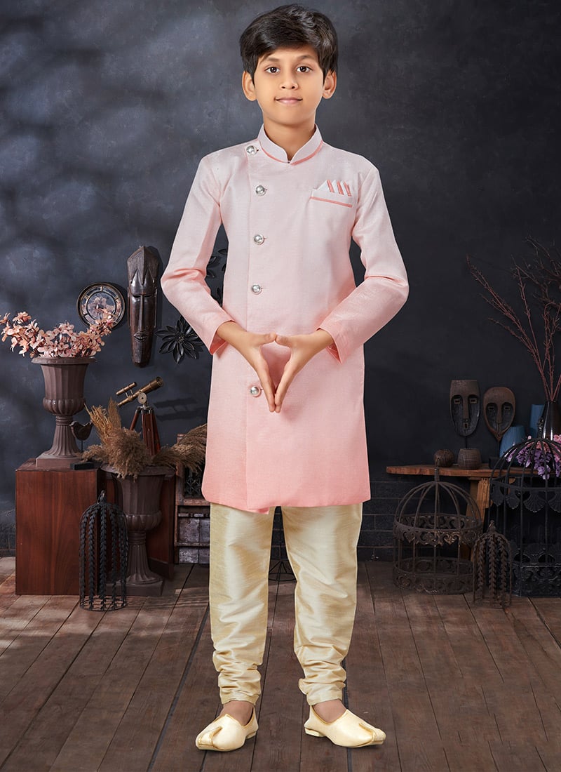 Light Peach Art Silk Kids Boys Indowestern Sherwani