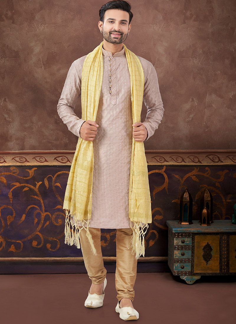 Light Peach Banglory Silk Sequins Kurta Pyjama Festive Wear
