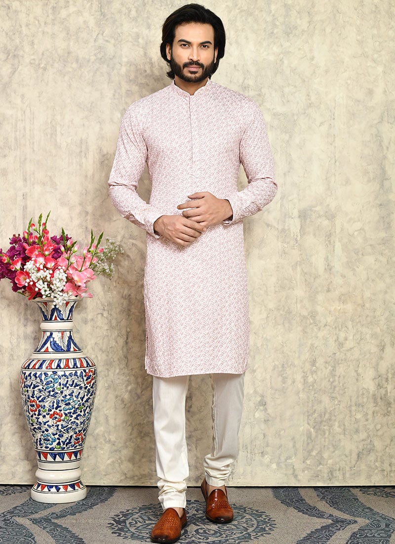 Light Peach Blended Cotton Print Kurta Pyjama Festive Wear