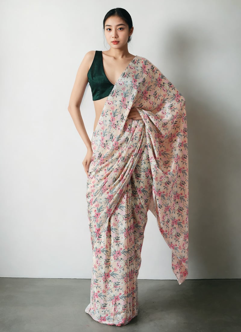 Light Peach Chinon Digital Print Pre Draped Saree After Six Wear