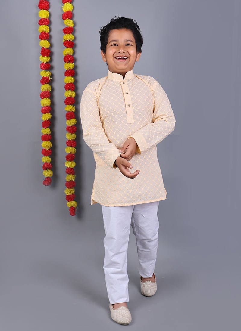 Light Peach Cotton Embroidered Kids Boys Kurta Pyjama Festive Wear
