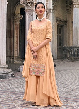 Light Peach Embroidered Sequins Georgette Sharara Suit With Dupatta
