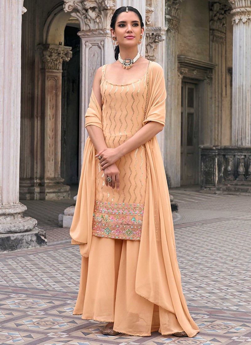 Light Peach Embroidered Sequins Georgette Sharara Suit With Dupatta Party Wear