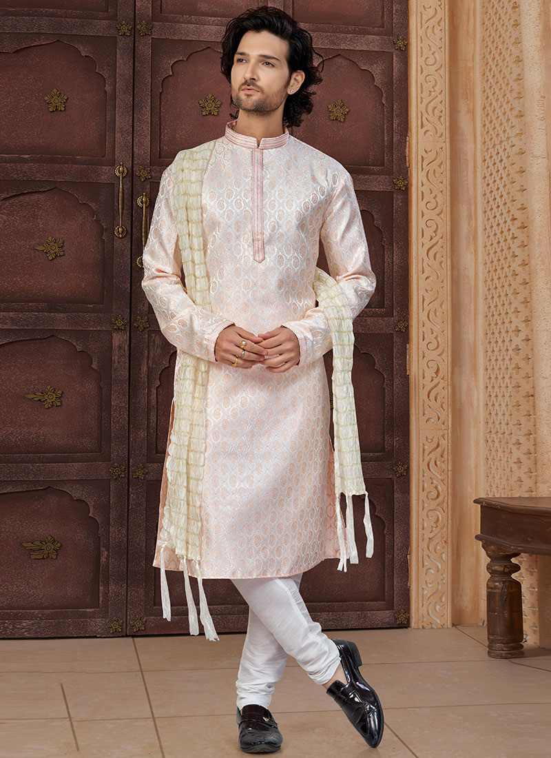 Light Peach Jacquard Silk Zari Jacquard Thread Classic Sherwani Festive Wear