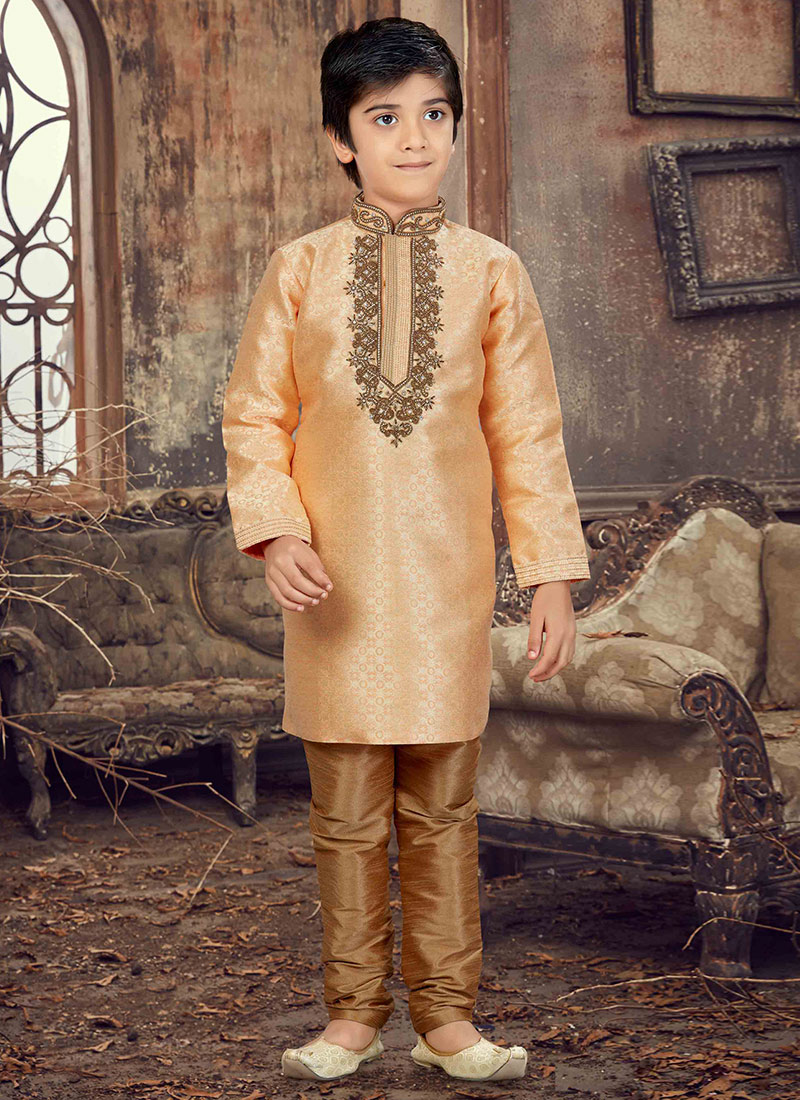 Light Peach Kids Embroidered Kurta Pyjama