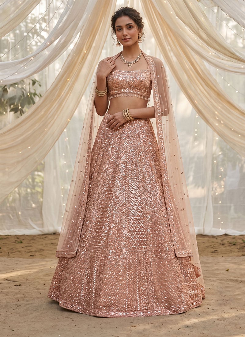 Light Peach Net Sequins Beads Embroidered Lehenga Wedding Wear
