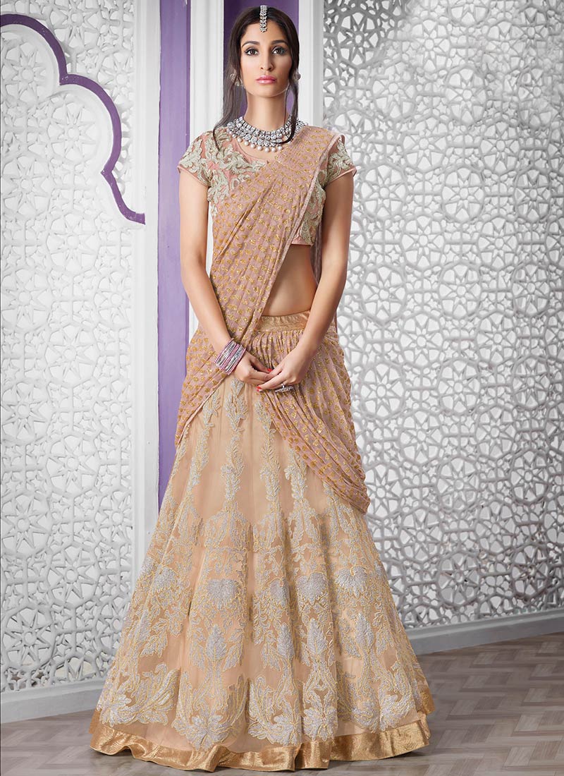 Buy Light Peach Net Umbrella Lehenga Choli, Embroidered, umbrella