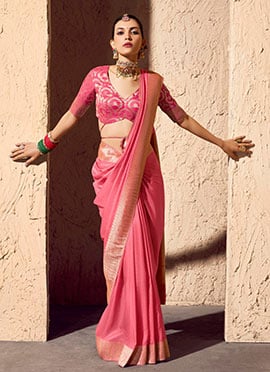 Light Peach Pink Georgette Zari Embroidered Saree