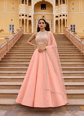 Light Peach Pink Silk Cutdana Sequins Hand Embroidered Halter Neck Lehenga