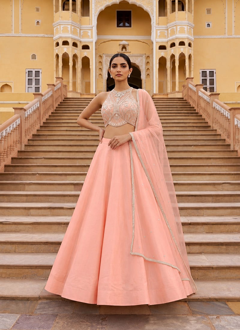 Light Peach Pink Silk Cutdana Sequins Hand Embroidered Halter Neck Lehenga Festive Wear
