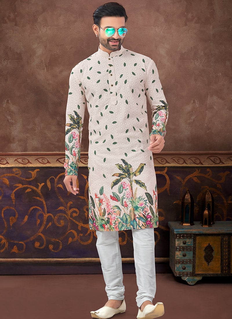Light Peach Rayon Thread Digital Print Kurta Pyjama Festive Wear