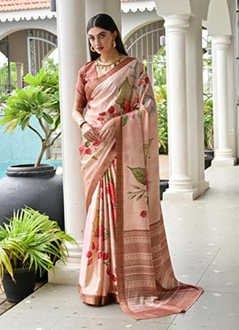 Light Peach Satin Silk Floral Digital Print Saree With Woven Zari Border