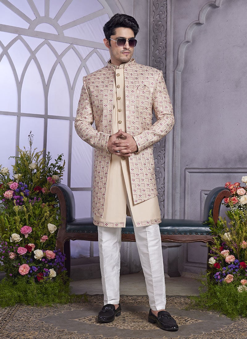 Light Peach Silk Embroidered Sequins Jacket Style Indowestern Sherwani Wedding Wear