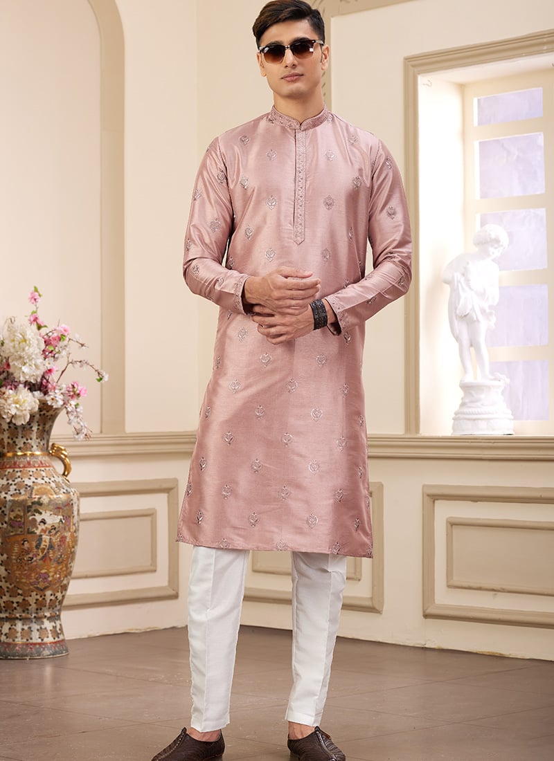 Light Peach Silk Embroidered Sequins Kurta Pyjama Festive Wear