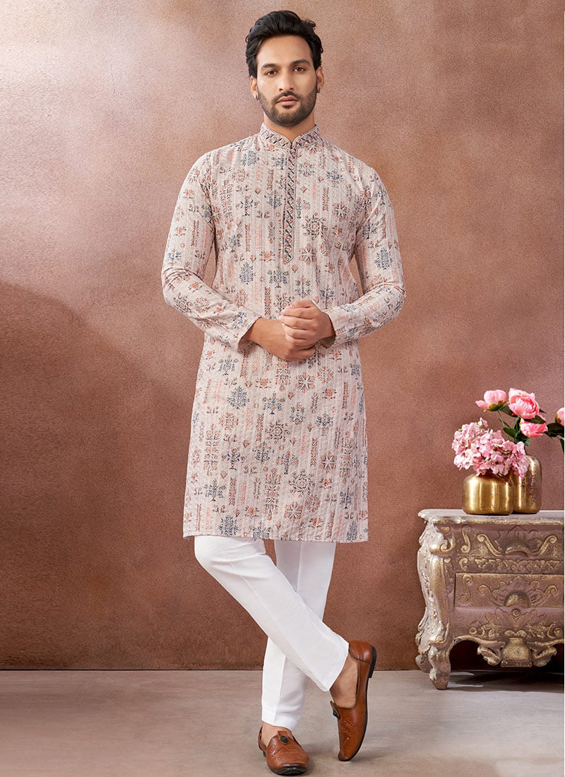 Light Peach Silk Embroidered Sequins Thread Kurta Pyjama Festive Wear