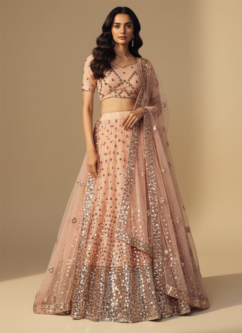 Light Peach Soft Net Sequins Zari Umbrella Lehenga Wedding Wear