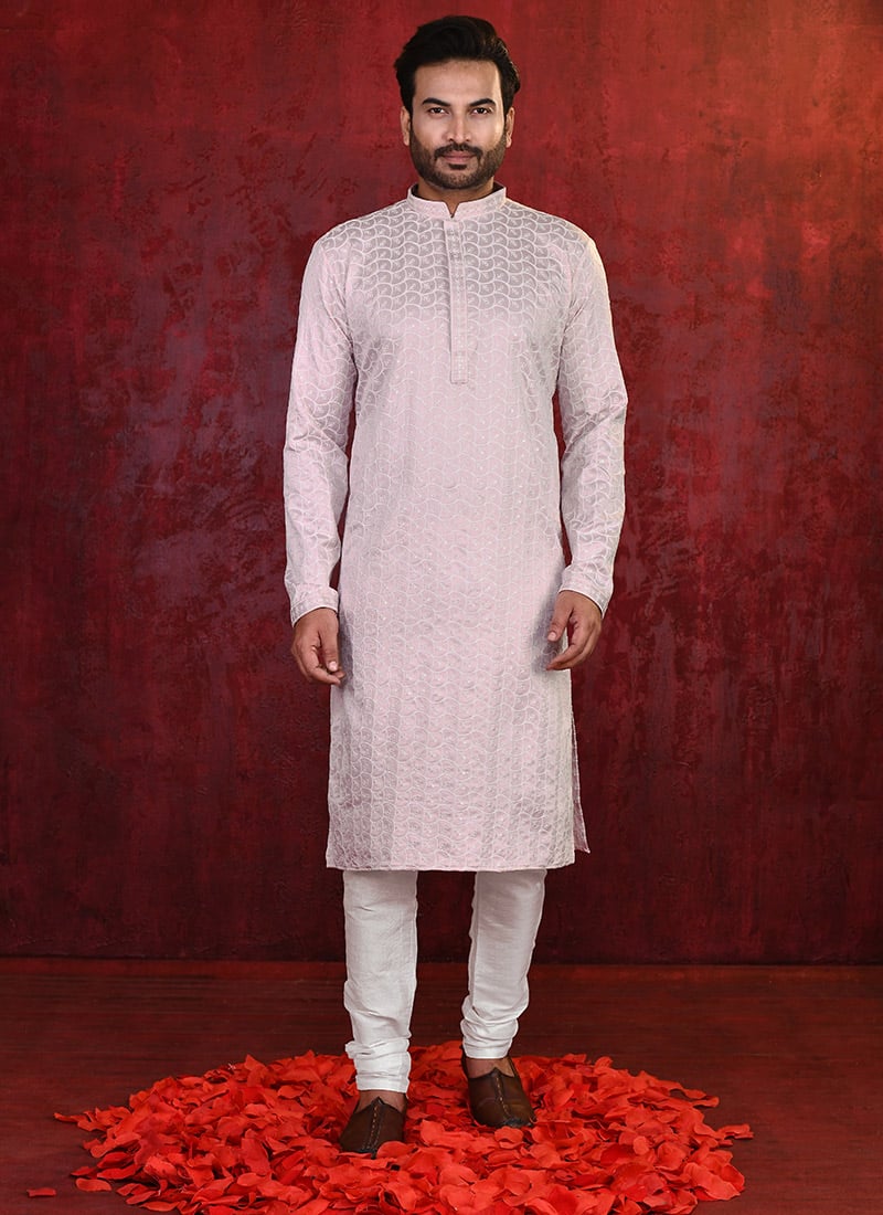 Light Peach Soft Rayon Lucknowi Chikankari Kurta Pyjama For Men Festive Wear