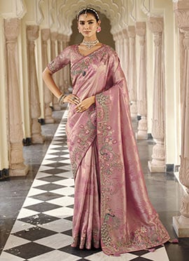 Light Peach Viscose Jacquard Silk Zari And Sequins Embroidered Saree