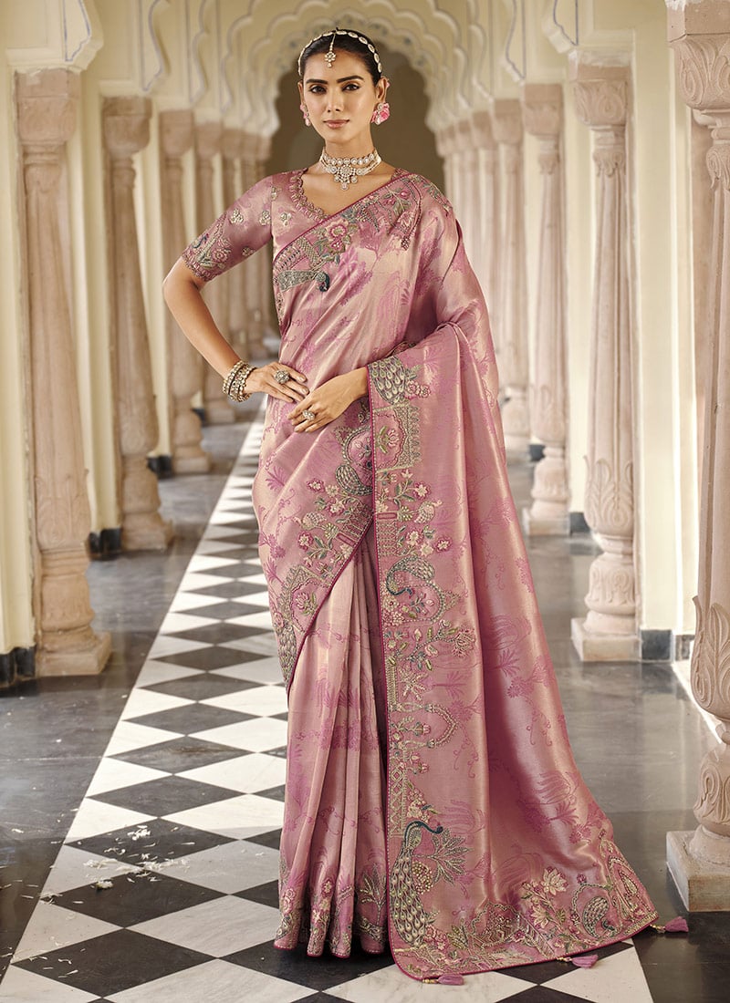 Light Peach Viscose Jacquard Silk Zari And Sequins Embroidered Saree Festive Wear