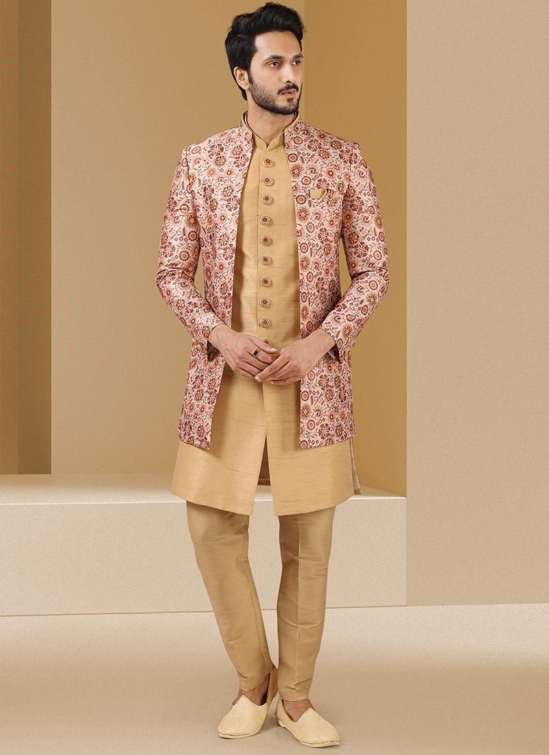 Light Pink Art Banarasi Silk Printed Indowestern Sherwani