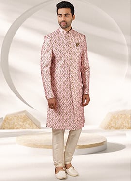 Light Pink Art Banarasi Silk Printed Indowestern Sherwani