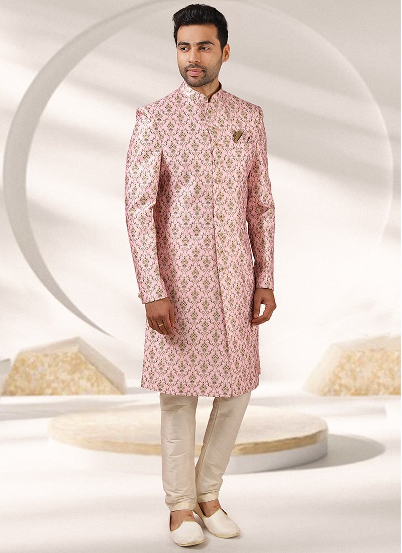 Light Pink Art Banarasi Silk Printed Indowestern Sherwani Wedding Wear