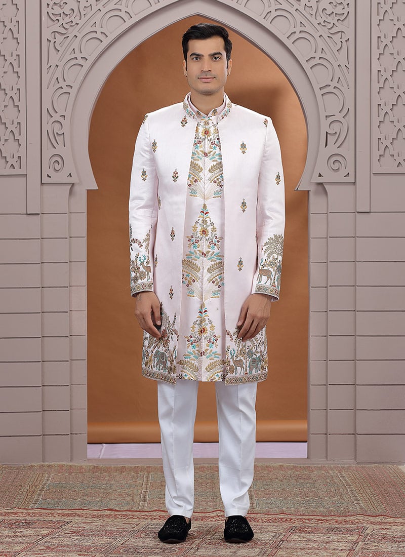 Light Pink Art Silk Embroidered Stones Indowestern Sherwani Wedding Wear