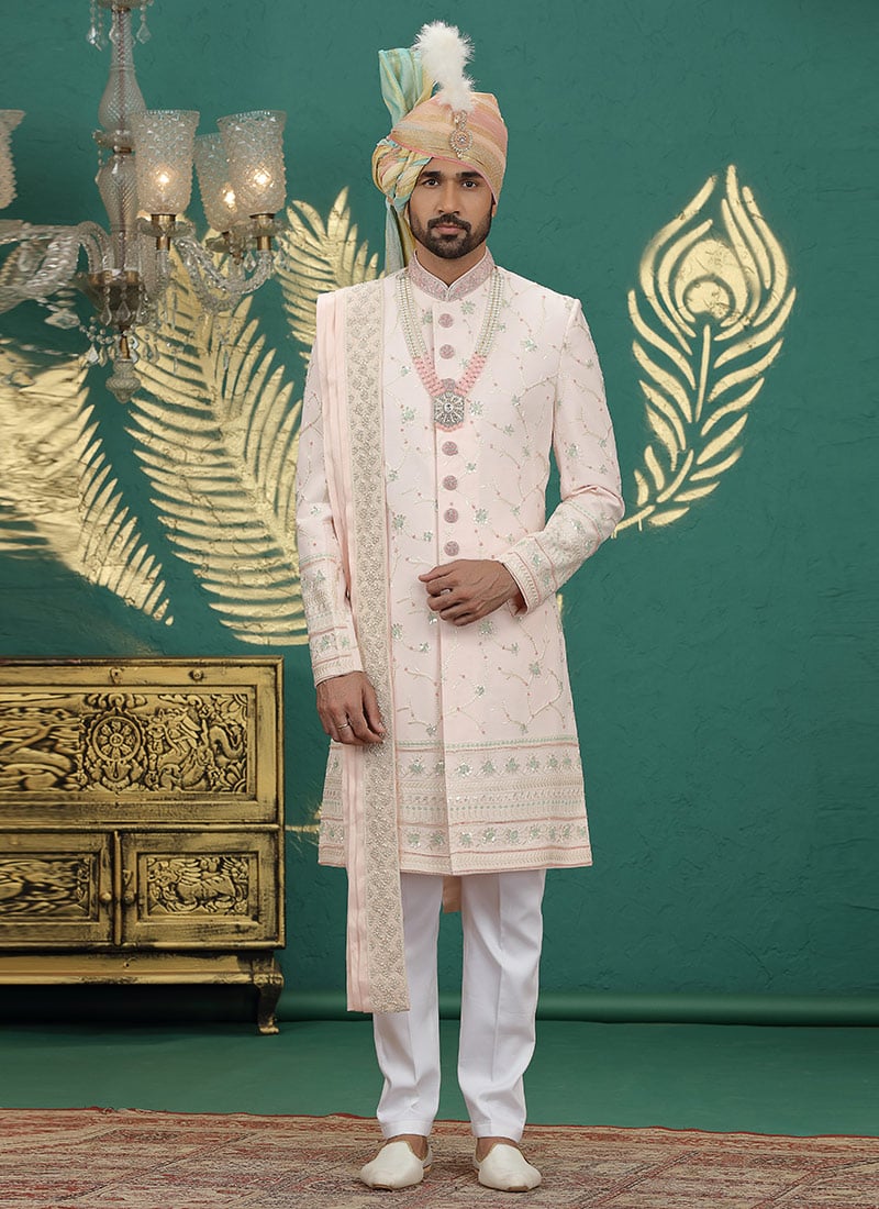 Light Pink Art Silk Sequins Thread Hand Embroidered Indowestern Sherwani Wedding Wear