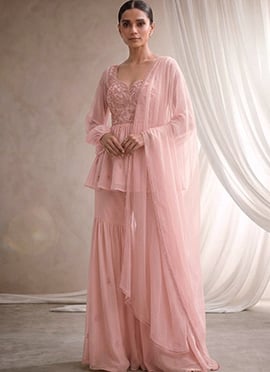 Light Pink Balloon Sleeve Hand Embroidered Sequins Work Georgette Sharara Suit