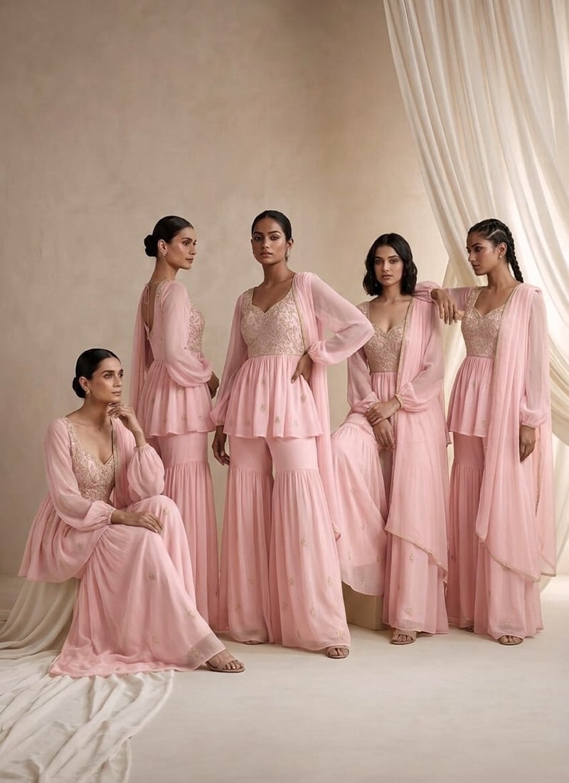 Light Pink Balloon Sleeve Hand Embroidered Sequins Work Georgette Sharara Suit Festive Wear
