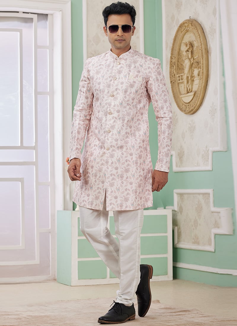 Light Pink Banarasi Jacquard Digital Print Indowestern Sherwani Festive Wear