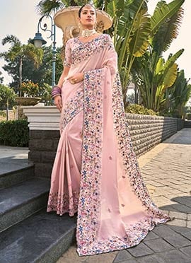 Light Pink Banarasi Silk Embroidered Beads Thread Zarkan Stones Saree