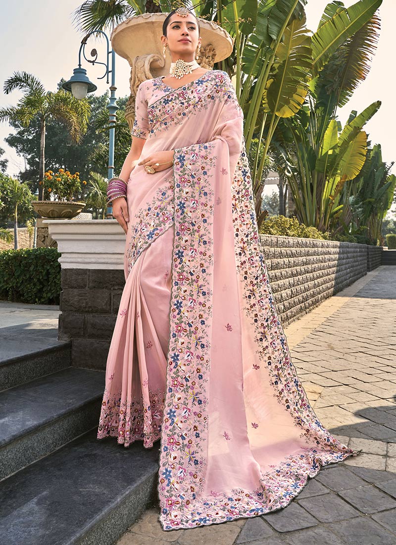 Light Pink Banarasi Silk Embroidered Beads Thread Zarkan Stones Saree