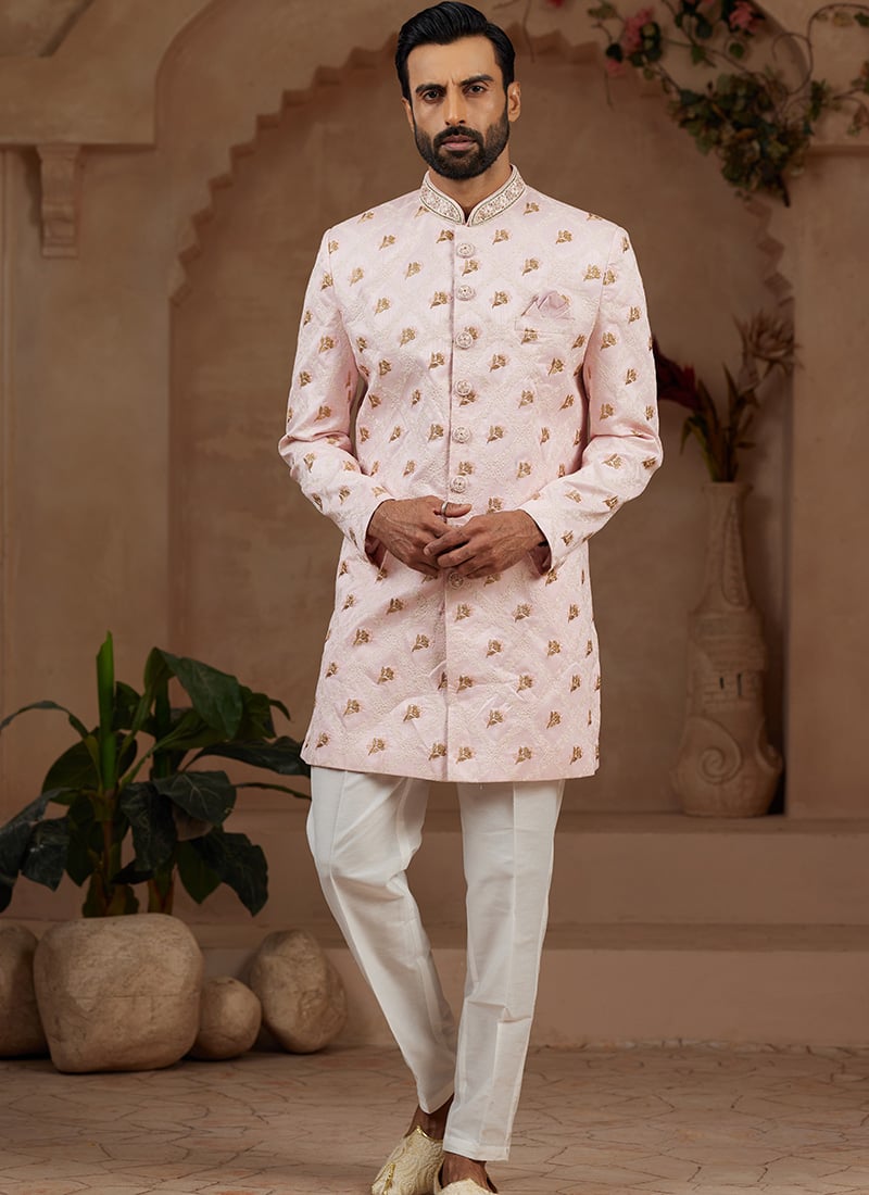 Light Pink Banarasi Silk Embroidered Indowestern Sherwani Wedding Wear